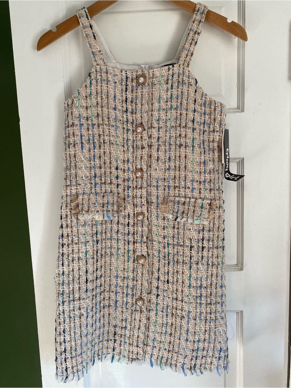 Sleeveless Ivory Tweed Casual Dress cream and Blue pearl buttons